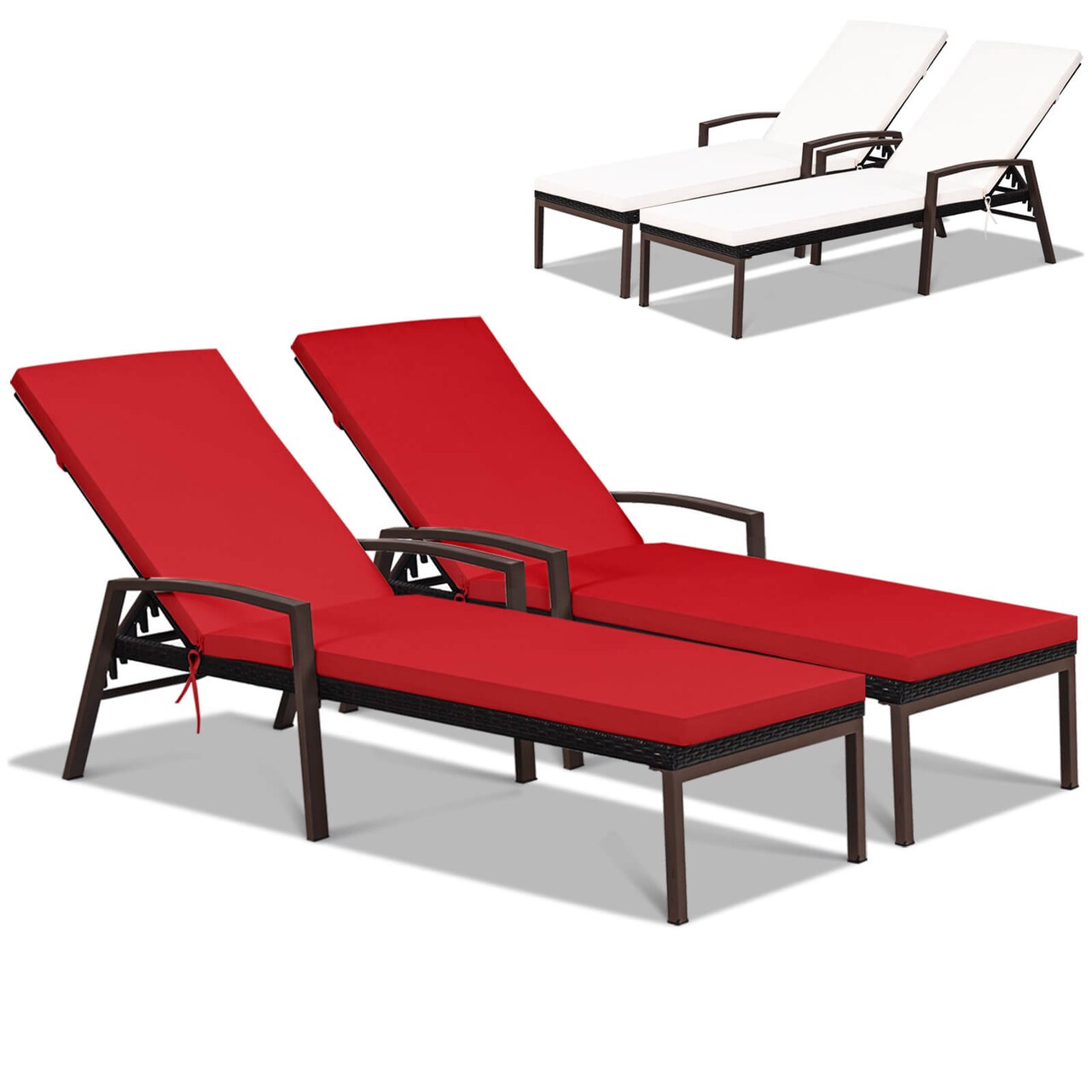 Costway Set of 2 Patio Rattan Chaise Lounge Chair Outdoor Reclining Chaise Sun Lounger Red/Turquoise
